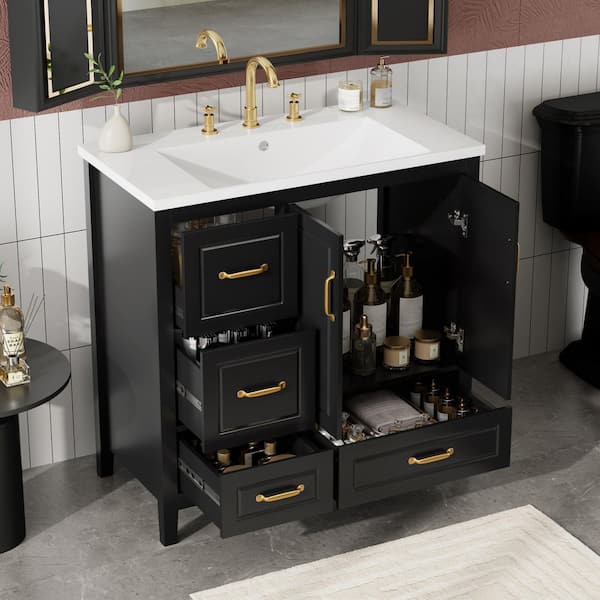36 in. Black Bath Vanity with White Resin Top Sink with Soft-closing Doors and 4 Soft-Closing Drawers