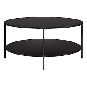 36 in. Black Round Glass Coffee Table with Shelves;Storage