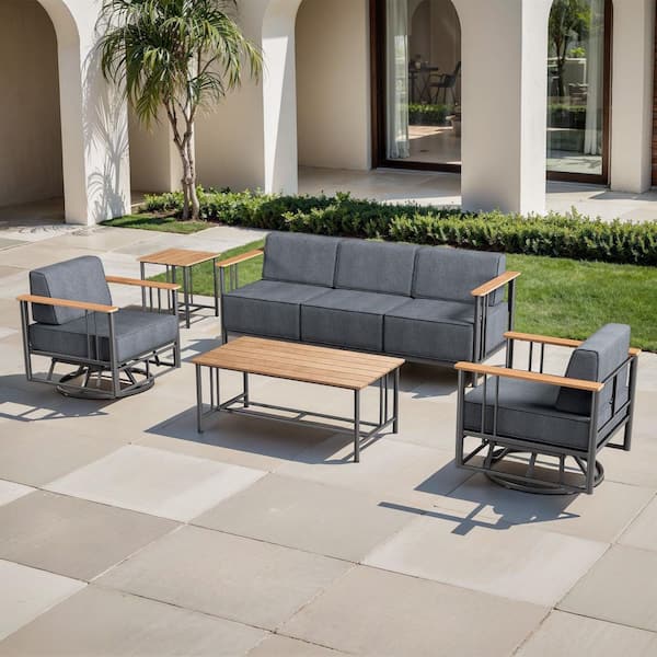 Puffin 5-Piece Black Metal Patio Conversation Set with Sofa, Gliders, and 10 in. Thick Dark Gray Olefin Cushions