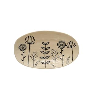 12.25 in. Beige and Black Stoneware Oval Floral Platters (Set of 4)