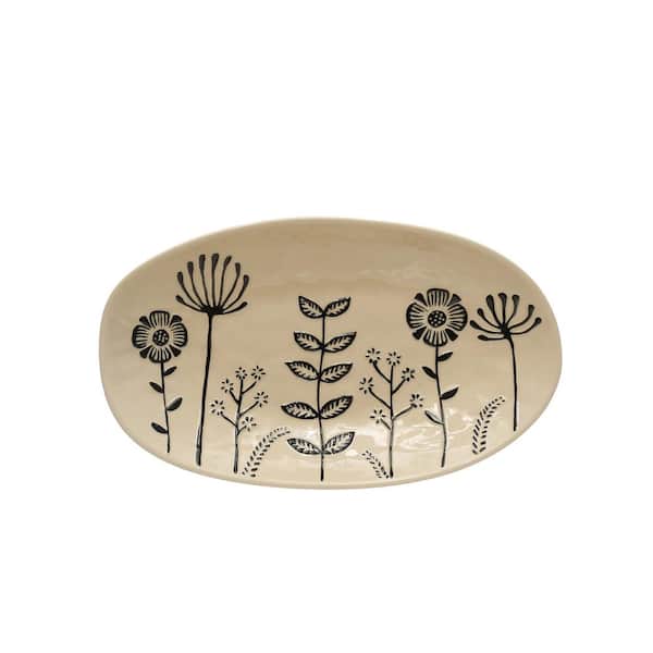 Storied Home 12.25 in. Beige and Black Stoneware Oval Floral Platters