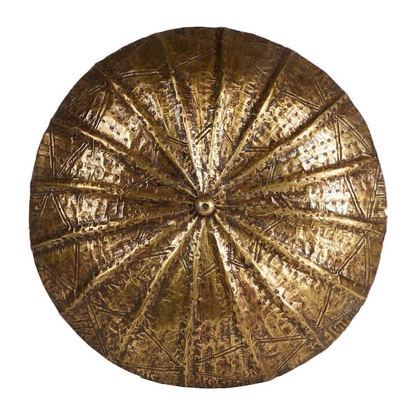 Litton Lane Large Round Hand-Carved Baobab Wood and Copper Shield Wall Decor