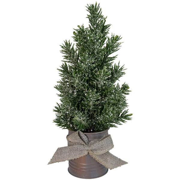 Northlight 0 71 Ft Frosted Upswept Mini Artificial Christmas Tree With Red Tin Base And Burlap Bow Unlit 34315162 The Home Depot