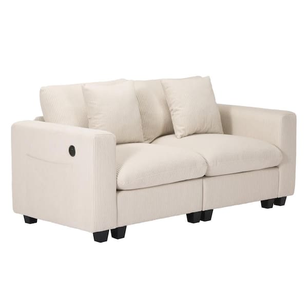 Hamilton Corduroy Upholstered Square Arm Modular Loveseat with USB Charger Port, Cream