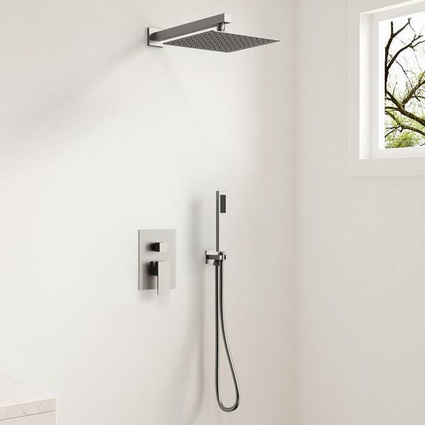 Pressure Balance Single Handle 2-Spray Wall Mount 10 in. Tub and Shower Faucet 2.5 GPM in. Brushed Nickel Valve Included