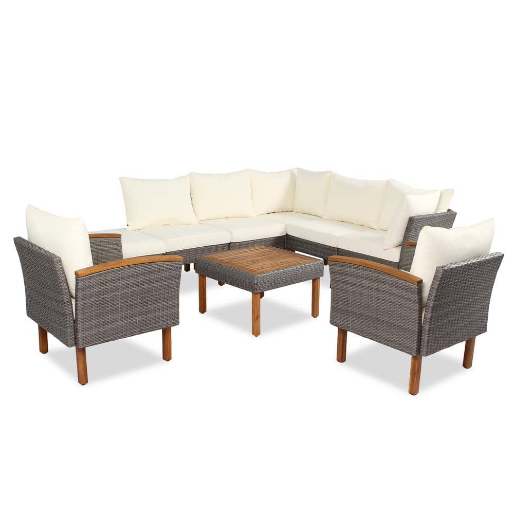 9-Piece Wicker Outdoor Sectional Conversation Set with Beige Cushions and A