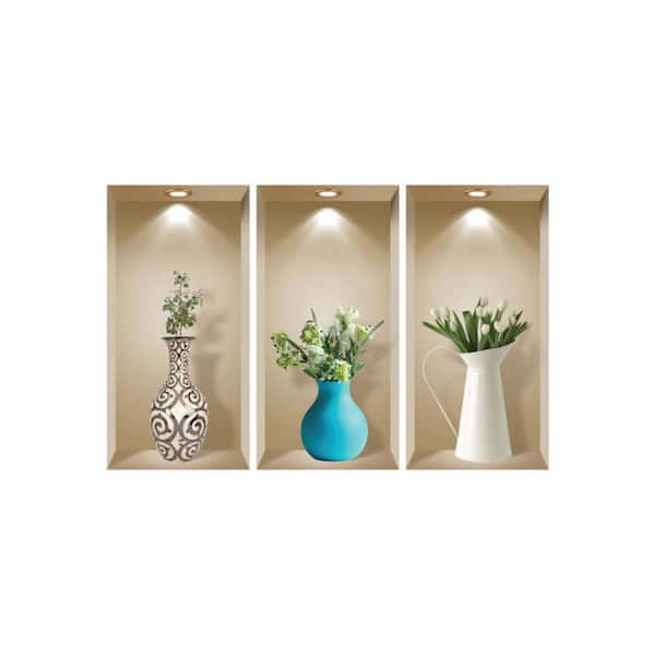 HomeRoots 8 in. x 16 in. Brown, Green Faux Niche Peel and Stick Wall Art 3-Piece