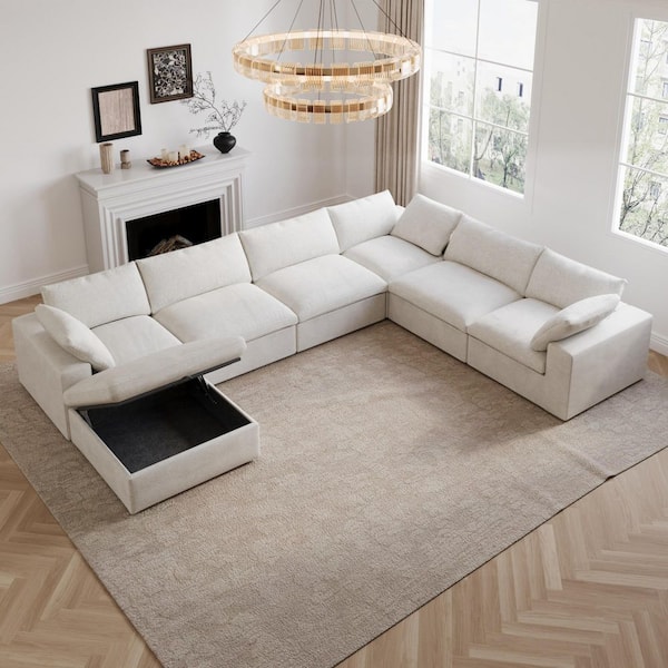 157.32 in. Square Arm Linen 7-Piece Free Combination Modular Sectional Sofa with Storage Ottomans in. White