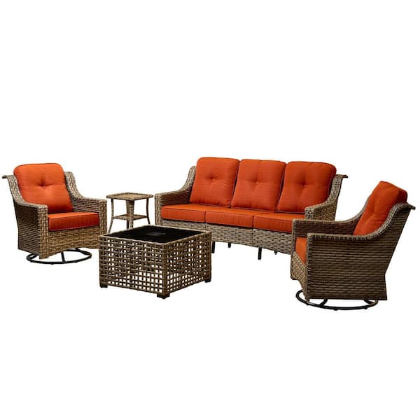 Petal 5 Pieces Wicker Patio Conversation Seating Sofa Set with Orange Red Cushions