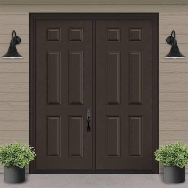 Regency 72 in. x 80 in. 6 Panel LHIS Hickory Stain Mahogany Fiberglass Double Prehung Front Door with 4-9/16 Jamb