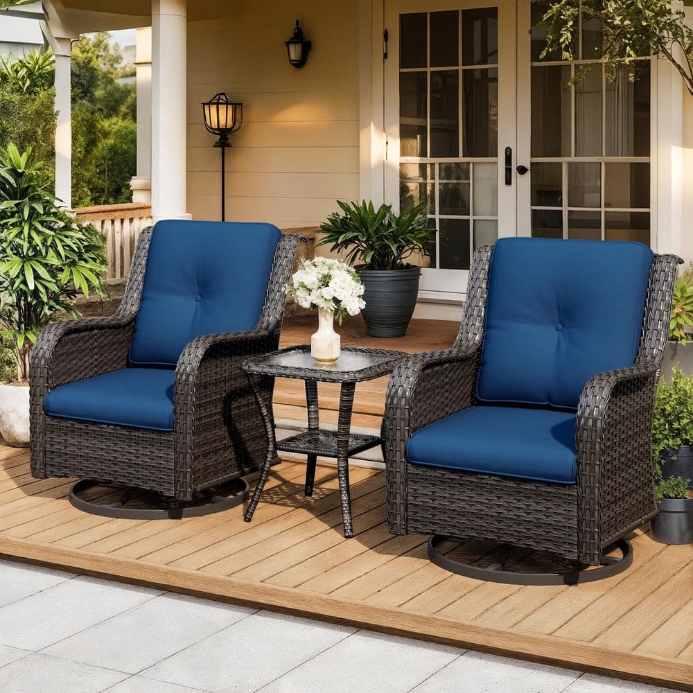 3-Piece Wicker Outdoor Rocking Chair Patio Swivel Chair Set with Blue Cushions and Table price history on PriceWatchPro