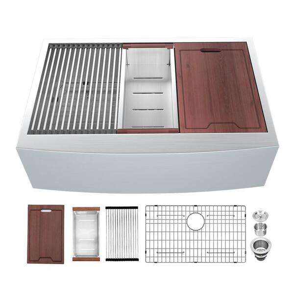 Matrix Decor Apron Front Stainless Steel 30 In 16 Gauge Single Bowl Farmhouse Kitchen Sink With Accessories Las3022a1 The Home Depot