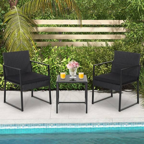 3 Pieces PE Wicker Patio Furniture Set Hand Woven Chairs with Tempered Glass Coffee Table Soft Cushions Black