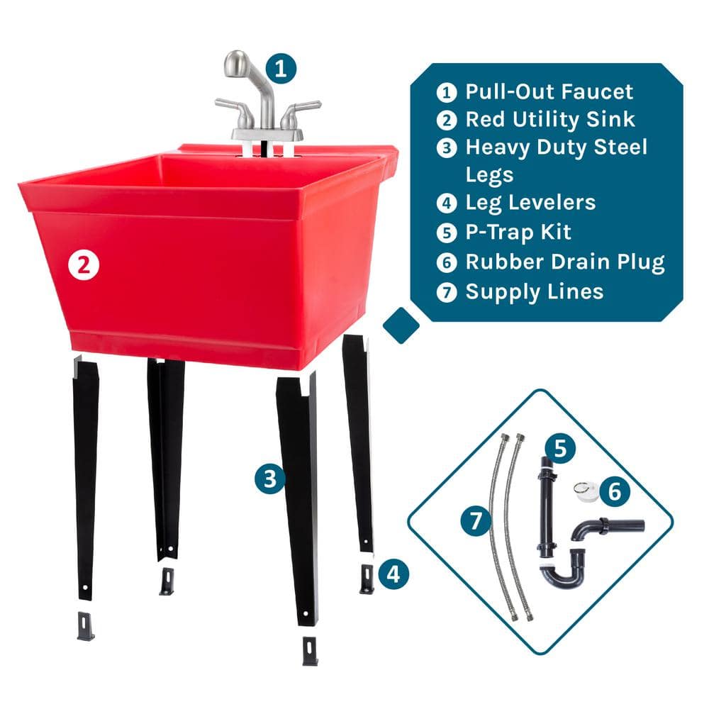 Red Thermoplastic Freestanding Laundry Sink with Stainless Faucet