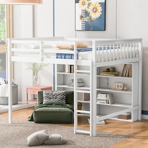 White Wood Frame Full Size Loft Bed with 8-Open Storage Shelves and Built-in Ladder