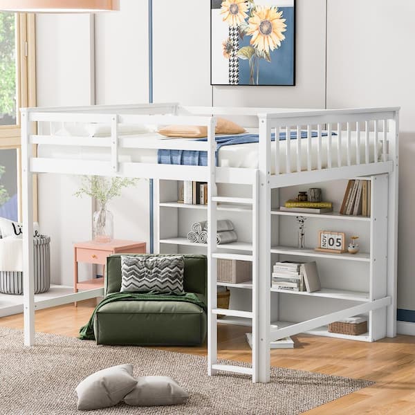 Harper & Bright Designs White Wood Frame Full Size Loft Bed with 8-Open Storage Shelves and Built-in Ladder