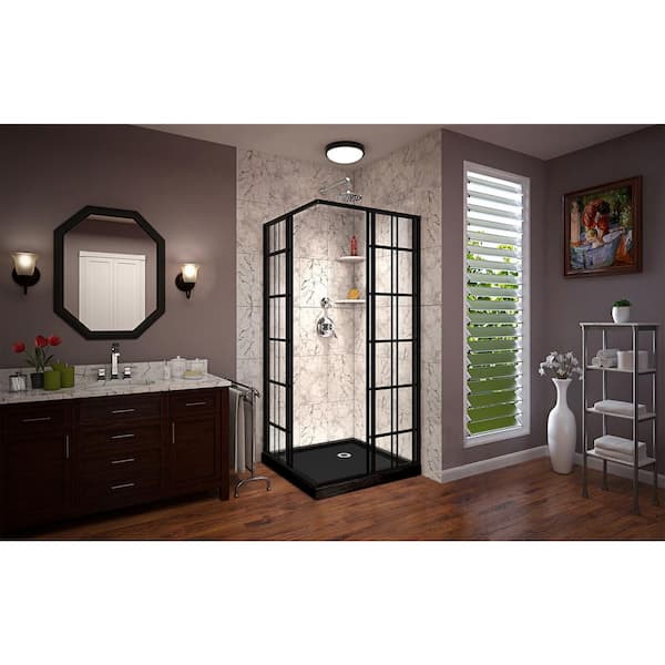 French Corner 36 in. W x 36 in. D x 74.75 in. H Framed Shower Enclosure and Shower Base Kit in Matte Black French Corner 36 in. W x 36 in. D x 74.75 in. H Framed Shower Enclosure and Shower Base Kit in Matte Black