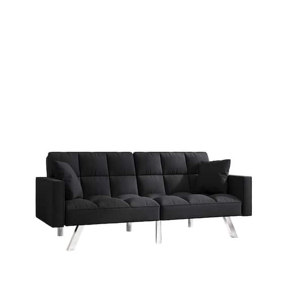 ZIRUWU 74.4 in. Width Black Modern Velvet Sofa Couch Bed with Armrests and 2 Pillows
