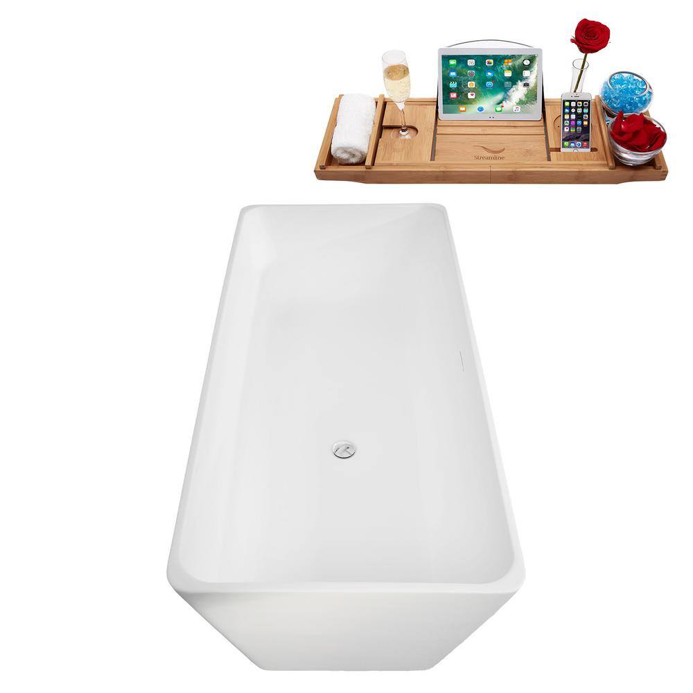 59" Glossy White Acrylic Freestanding Soaking Bathtub with Bamboo Tray