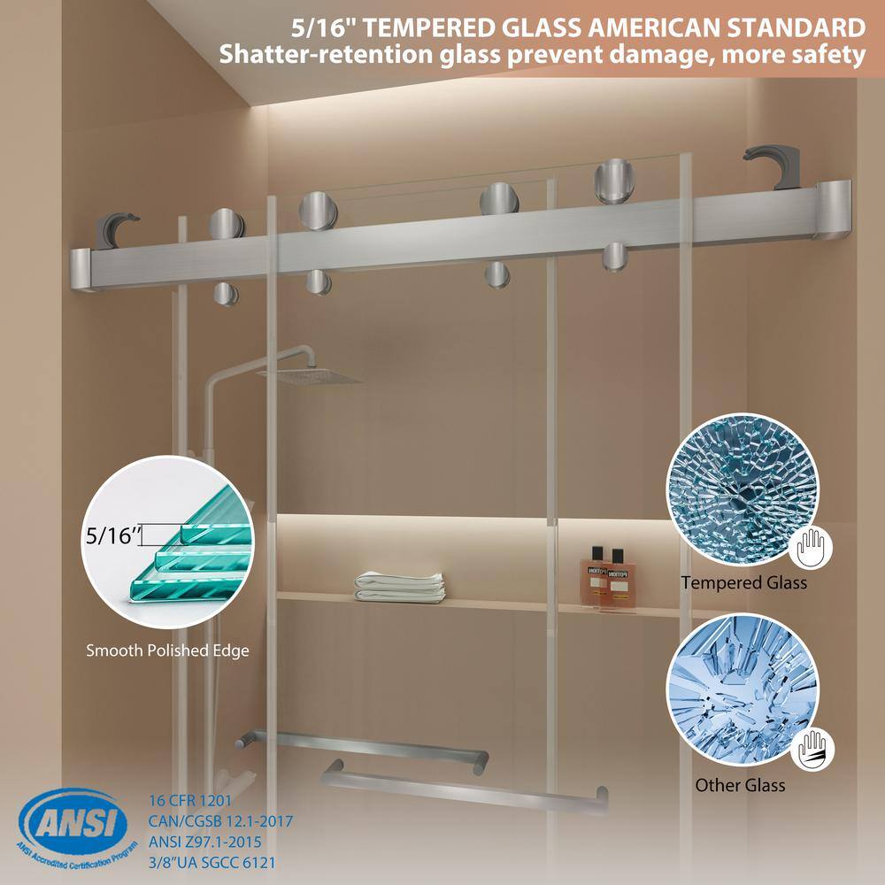 60 in Brushed Silver Frameless Double Sliding Shower Door