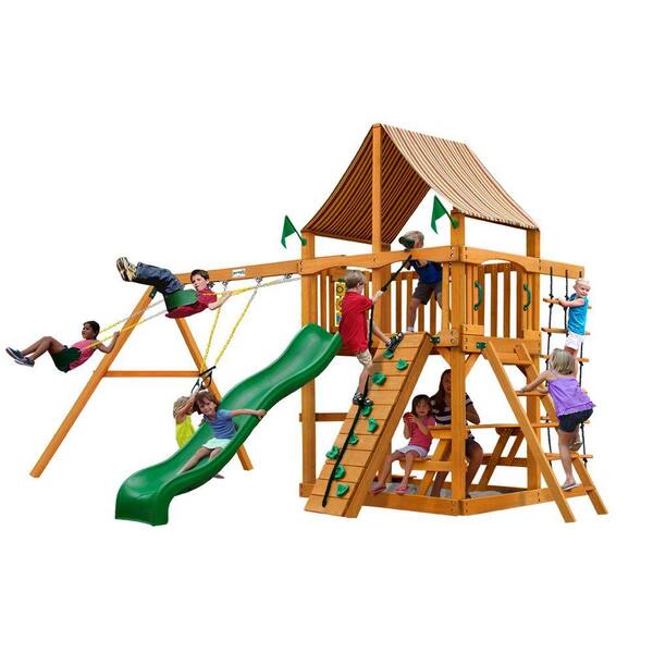 Gorilla Playsets Chateau with Amber Posts and Sunbrella Weston Ginger Canopy Cedar Swing Set