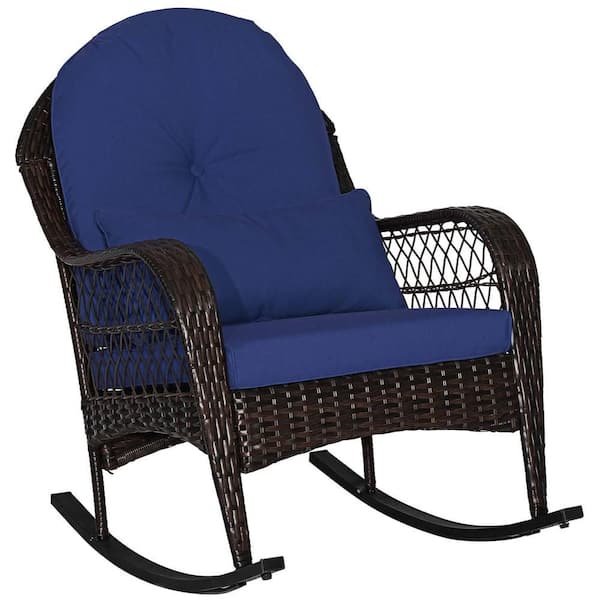 Costway Wicker Outdoor Rocking Chair with Lumbar Pillow Balcony and Blue Seat Back Cushions
