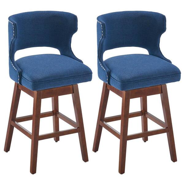Outopee 37.8 in. Navy Blue Low Back Wood Frame 360° Free Rotation Bar Stool with Linen Seat (Set of 2)