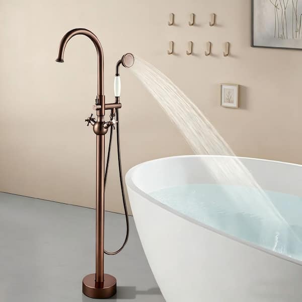 2-Handle Freestanding Tub Faucet with Round Hand Shower in Oil Rubbed Bronze