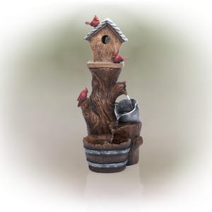 32 in. Tall Outdoor Cascading Barrel Water Fountain and Cardinal Birdhouse Yard Decoration