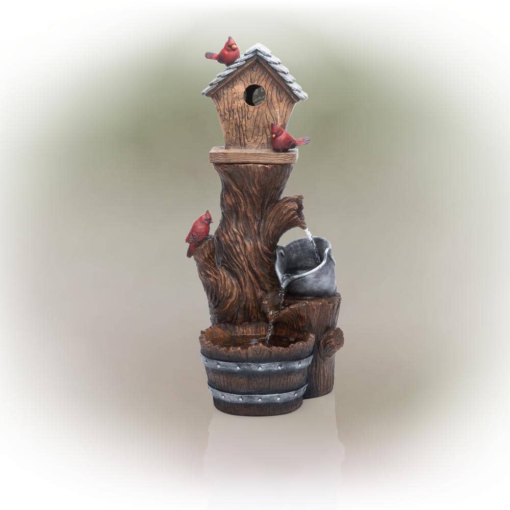 32 in. Tall Outdoor Cascading Barrel Water Fountain and Cardinal Birdhouse 