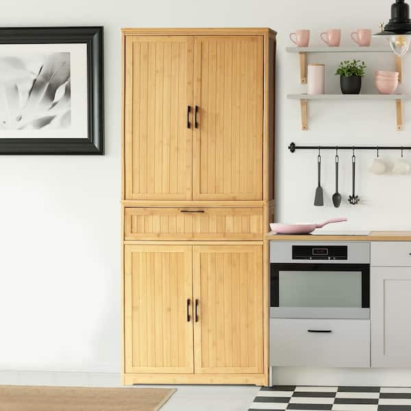 VEIKOUS Yellow Bamboo 30 in. W Kitchen Storage Pantry Cabinet Closet with Doors and removable Shelves