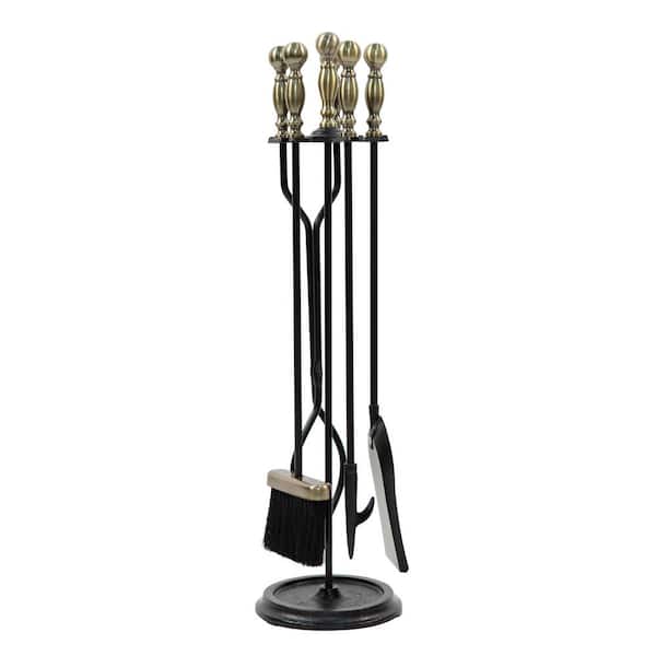 ACHLA DESIGNS 30 in. Tall 5-Piece Black and Antique Brass Sutton Fireplace Tool Set
