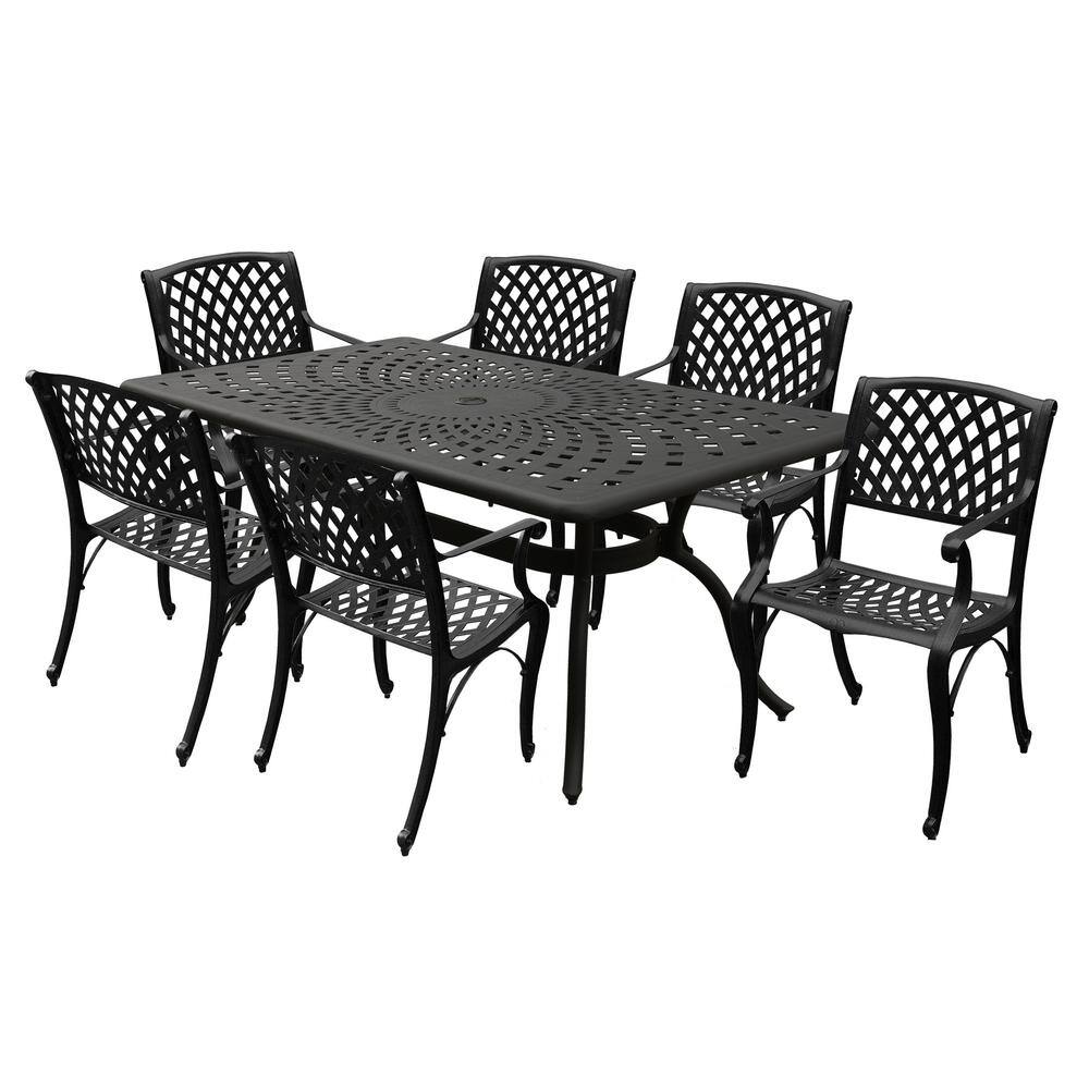67" Black Aluminum 6-Person Outdoor Dining Set with Mesh Chairs