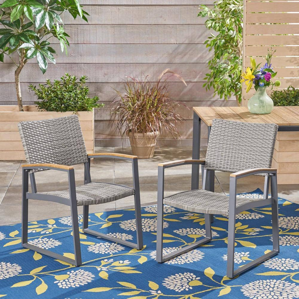 Noble House Glasgow Gray Armed Faux Rattan and Aluminum Outdoor Dining ...