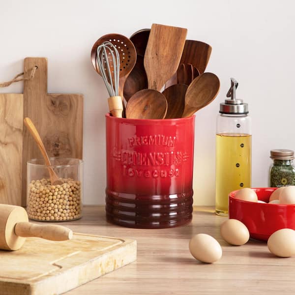 LOVECASA Red Stoneware Utensil Holder Kitchen Utensil Organizer Cylinder Utensil Crock Storage for Kitchen Counter