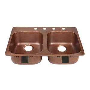 Santi Drop-In Handmade Pure Solid Copper 33 in. 4-Hole Right Side 50/50 Double Bowl Kitchen Sink in Antique Copper