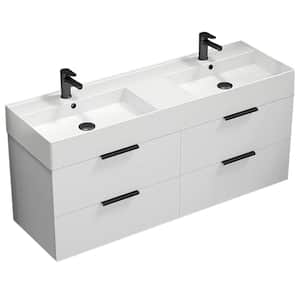Derin 55.51 in. W x 18.11 in. D x 25.2 in. H Wall Mounted Bath Vanity in Glossy White with Vanity Top Basin in White