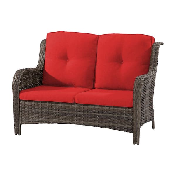 Brown Wicker Outdoor Patio Deep Seating Loveseat Couch with Red Cushions