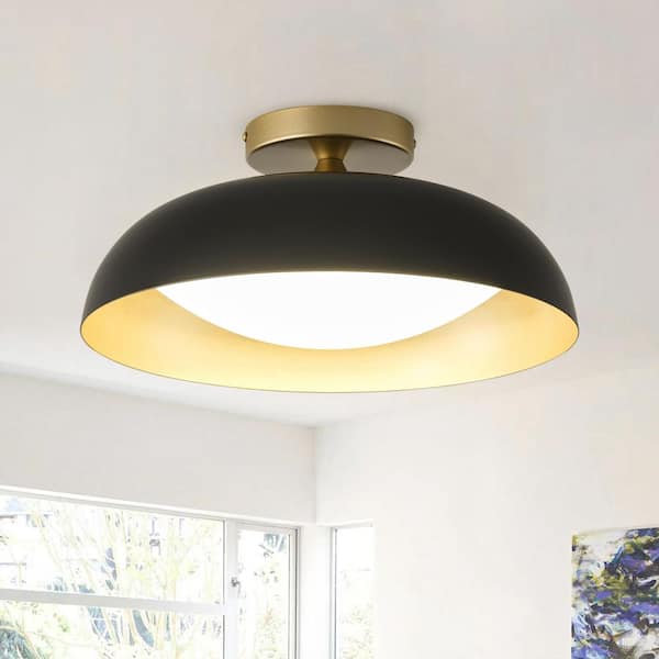 Mid Century 1-Light 14.96 in. Dimmable Black and Gold Semi-Flush Mount Ceiling Light with Metal Dome Shade