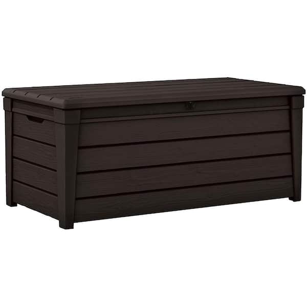 Keter Brightwood 120 Gal Patio Deck Box Weatherproof Resin Storage Bench in Brown