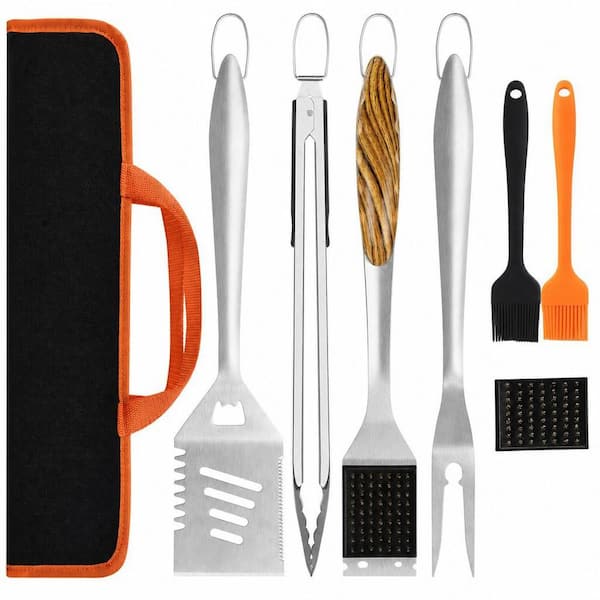 8-Piece BBQ Grill Tools Set w/ Extra Thick Stainless Steel Spatula, Fork, Tongs, Cleaning Brush and Portable Bag, Orange