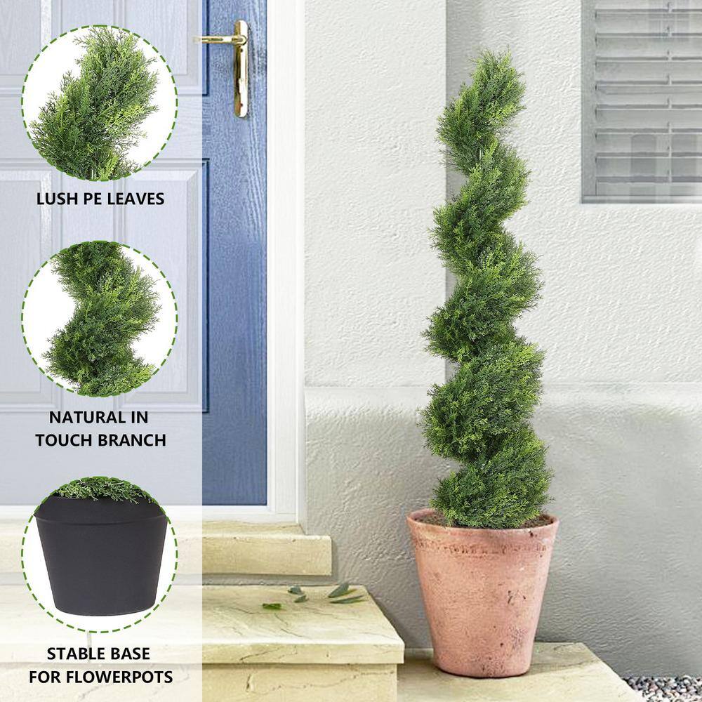 48-Inch Green Plastic Cedar Spiral Topiary Trees in Black Pots, Set of 2