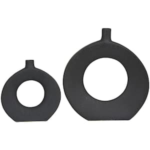 15 in., 10 in. Black Round Donut Shaped Ceramic Decorative Vase (Set of 2)