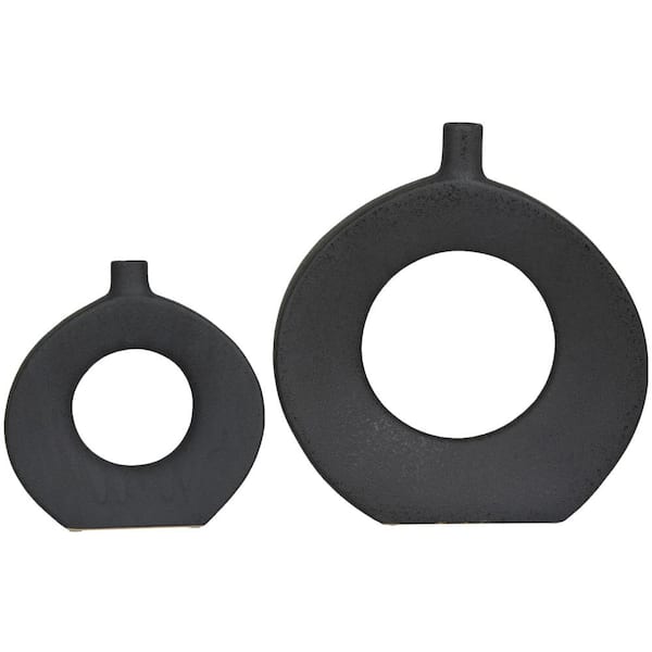 CosmoLiving by Cosmopolitan 15 in., 10 in. Black Round Donut Shaped Ceramic Decorative Vase (Set of 2)