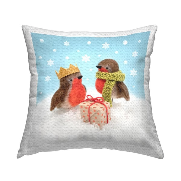 Holiday Birds with Presents Blue Square Outdoor Throw Pillow