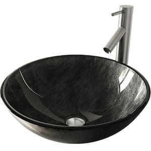 Gray Onyx Glass Round Vessel Bathroom Sink with Dior Faucet and Pop-Up Drain in Brushed Nickel