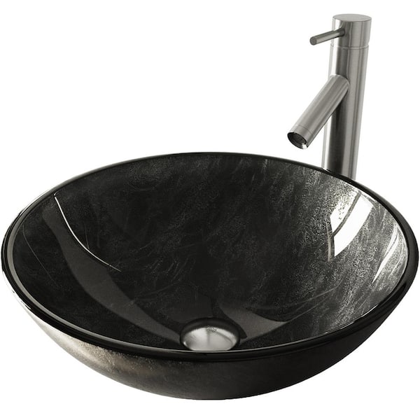 VIGO Gray Onyx Glass Round Vessel Bathroom Sink with Dior Faucet and Pop-Up Drain in Brushed Nickel