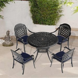 Black 5-Piece Cast Aluminum Outdoor Dining Set, Patio Furniture with 35.43 in. Round Table and Random Color Cushions