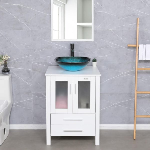 eclife 24 in. W x 20 in. D x 32 in. H Single Sink Bath Vanity in White with Turquoise Glass Vessel Sink Top ORB Faucet