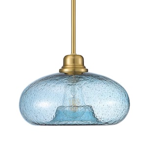 1-Light Modern Gold Pendant-Light with Hand Blown Clear Seeded Glass